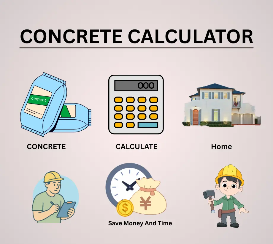 Concrete calculator photo showing cement bag, calculator, house, construction worker, and icons representing time and cost savings.